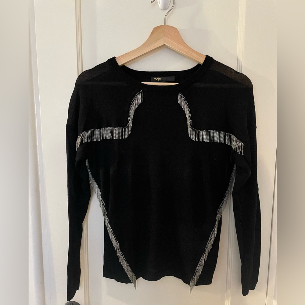 Maje black sweater with silver chain detail
